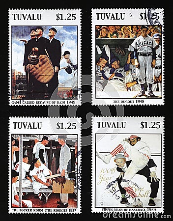 Four illustrations by Norman Rockwell about baseball on stamps Cartoon Illustration