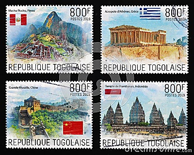 Four international landmarks celebrated on a series of stamps Editorial Stock Photo