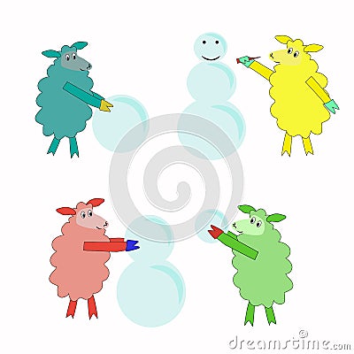 Four isolated colorful sheep playing snowman Vector Illustration