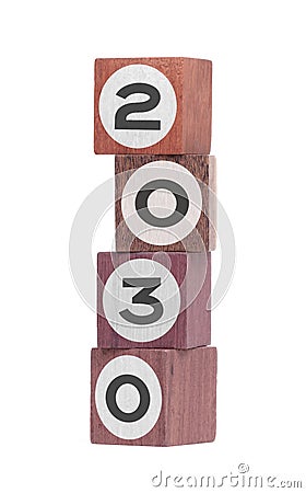 Four isolated hardwood toy blocks, saying 2030 Stock Photo