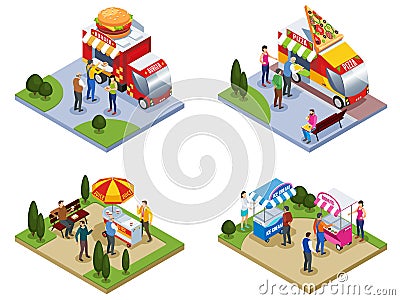 Four Isometric Street Fast food Compositions Vector Illustration