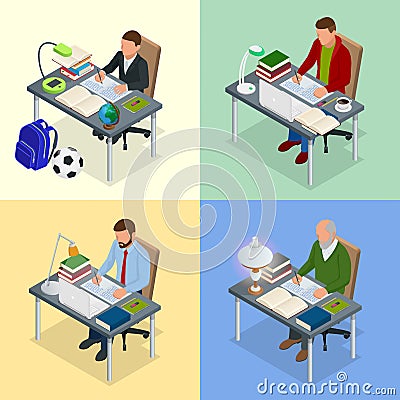 Four isometric pictures on the subject of training. Vector Illustration