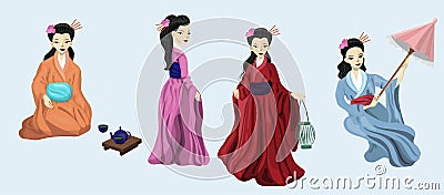 Four japanese girls in national costumes vector image Stock Photo