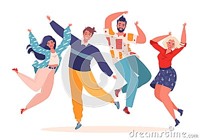 Vector, trendy illustration in flat cartoon style with four young joyful laughing people jumping Vector Illustration