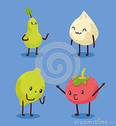 four kawaii healthy food Vector Illustration