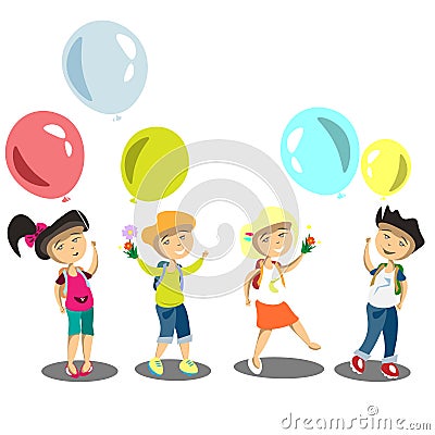 Four kids with flowers Vector Illustration