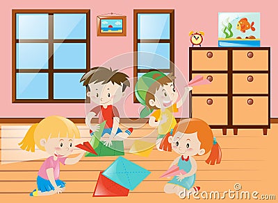 Four kids folding airplane paper in group Cartoon Illustration