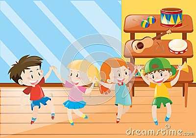 Four kids having fun in music class Vector Illustration