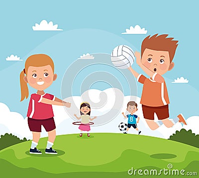 four kids practicing activities Vector Illustration