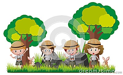 Four kids in safari outfit hiking in woods Vector Illustration