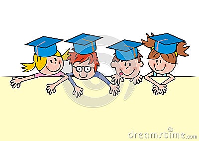Four kids with student cap, conceptual illustration, eps. Vector Illustration