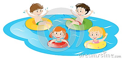 Four kids swimming in pool Vector Illustration