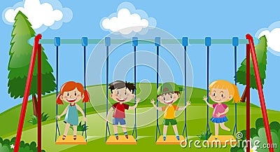 Four kids on swings in the park Vector Illustration