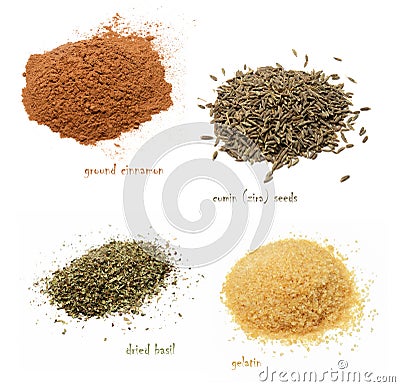 Four kinds of spices. Ground cinnamon, cumin, gelatin, dried basil. White isolated background.Top view. Stock Photo