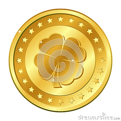 Four-leaf clover gold coin with stars. Saint Patrick`s day. Irish. Shamrock. Lucky. Vector Vector Illustration