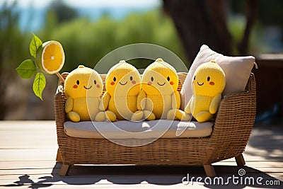 Four little yellow plush toys sit on a mini couch on a wooden surface with a blurred natured background. For themes of Stock Photo