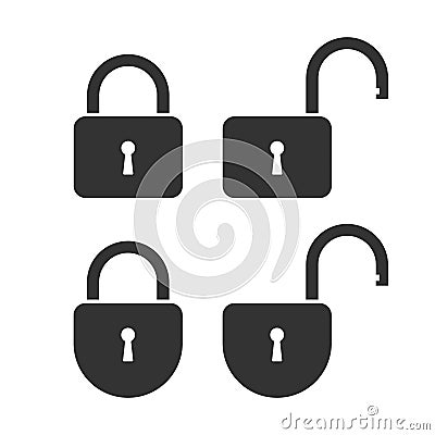 Four locks closed and open icons set Cartoon Illustration