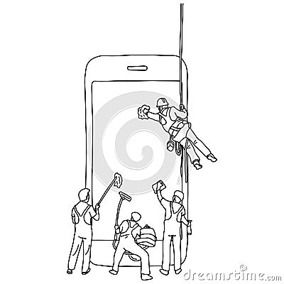 Four male people cleaning big smartphone vector illustration sketch doodle hand drawn with black lines isolated on white Vector Illustration