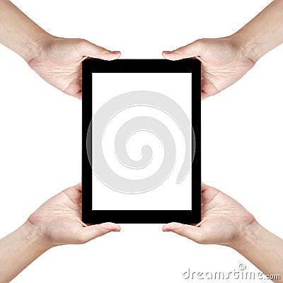 Four man hands holding generic tablet pc Stock Photo