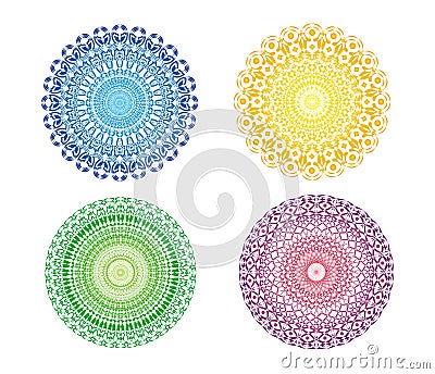 4 Mandalas in 4 colors. Openwork colorful circular ornament with Aum / Ohm / Om symbol. Yellow, orange, blue, green, red, purple. Vector Illustration