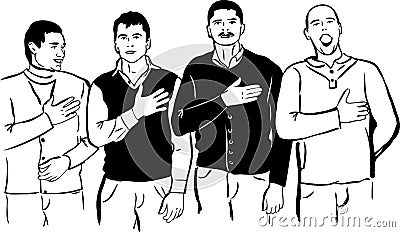 Four men listen and sing their national anthem Vector Illustration