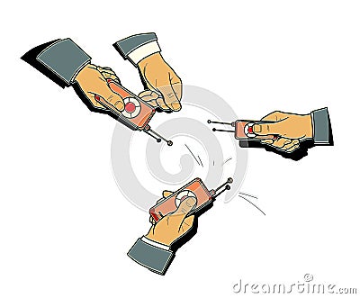 Four men`s hands with control panels. Isolated on white background Stock Photo
