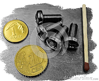 Stainless steel bolts arranged on steel background close up top view Stock Photo