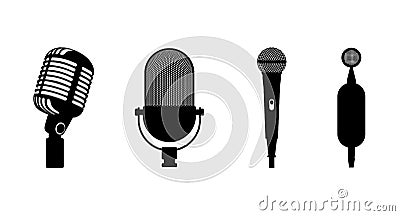 Four microphones retro classic and modern set. Microphone black silhouette on white background. Music icon mic. Mike Vector Illustration