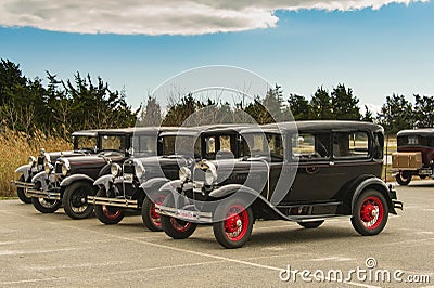 Four 1930 Model A Fords at Hammonasset Beach State Park, CT Editorial Stock Photo