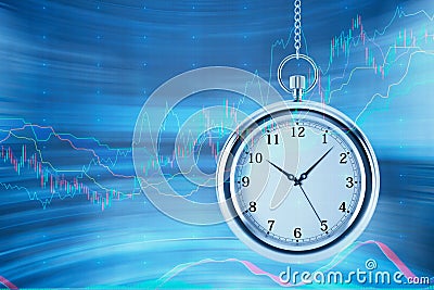 Four models of pocket watch are hovering in the air over financial graphs background. A concept of a value of time in financial ma Stock Photo