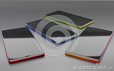 Four modern black smartphones on a smooth dark surface in perspective view, 3d rendering Stock Photo