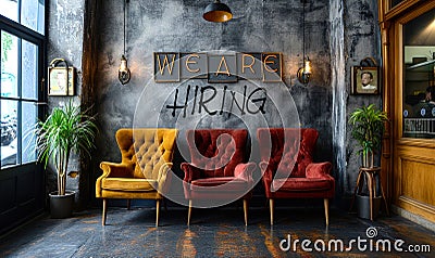 Four modern chairs against a grey wall with the words We Are Hiring written on it, signifying job opportunities and Stock Photo