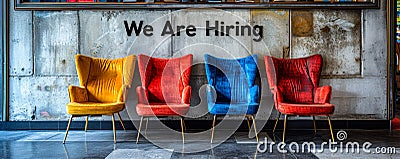 Four modern chairs against a grey wall with the words We Are Hiring written on it, signifying job opportunities and Stock Photo