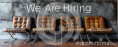 Four modern chairs against a grey wall with the words We Are Hiring written on it, signifying job opportunities and Stock Photo