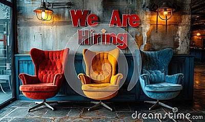 Four modern chairs against a grey wall with the words We Are Hiring written on it, signifying job opportunities and Stock Photo