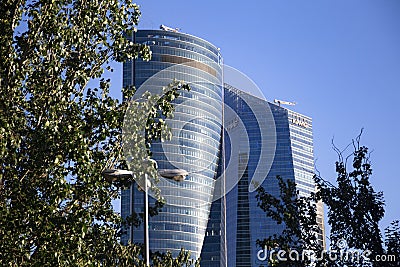 Four modern skyscrapers Cuatro Torres in business financial district of Madrid, Spain 2018-08-14 Editorial Stock Photo