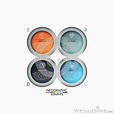 Four multicolored circular elements with icons and text boxes inside, 4 steps of business analysis concept. Vector Illustration