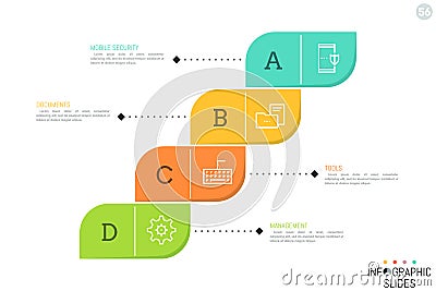 Four multicolored rectangular elements placed diagonally, connected with pictograms and text boxes Vector Illustration