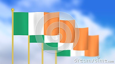 Four national flag of Ireland waving in wind focused on first flag Stock Photo
