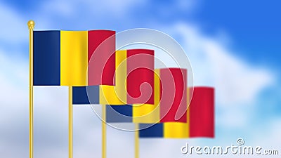 Four national flag of republic of Chad waving in wind focused on first flag Stock Photo