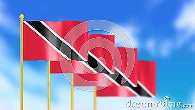 Four national flag of Trinidad and Tobago waving in wind focused on first flag Stock Photo