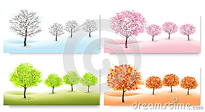Four Nature Backgrounds with stylized trees representing different seasons. Vector Illustration