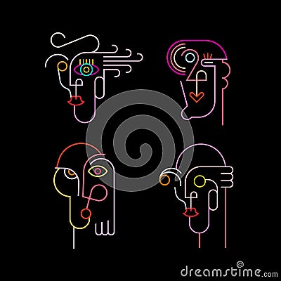 Four Neon Avatars Vector Illustration