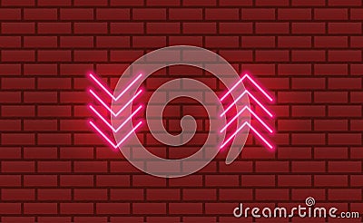 Four neon glow arrows pointing direction down and up. Light pink icon on a night red brick wall background. Vintage retro vector Vector Illustration