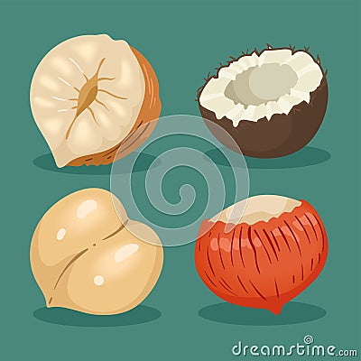 four nuts snacks icons Vector Illustration