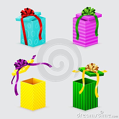 Four open gift boxes and bows with lids Stock Photo