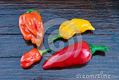 Four organic red, orange and yellow hot chili peppers on a wooden table Stock Photo