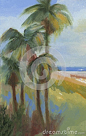 Four Palms on The Beach Landscape Stock Photo