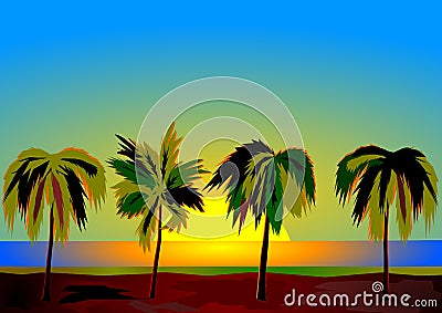 Four palms at dawn Vector Illustration