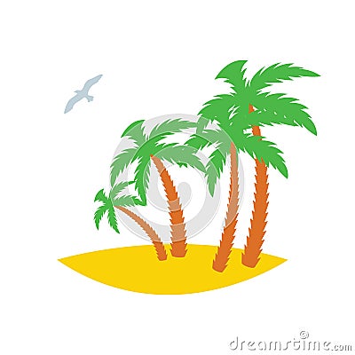 Four palms on a sandy island with a seagull passing by. Icon. Vector illustration Vector Illustration